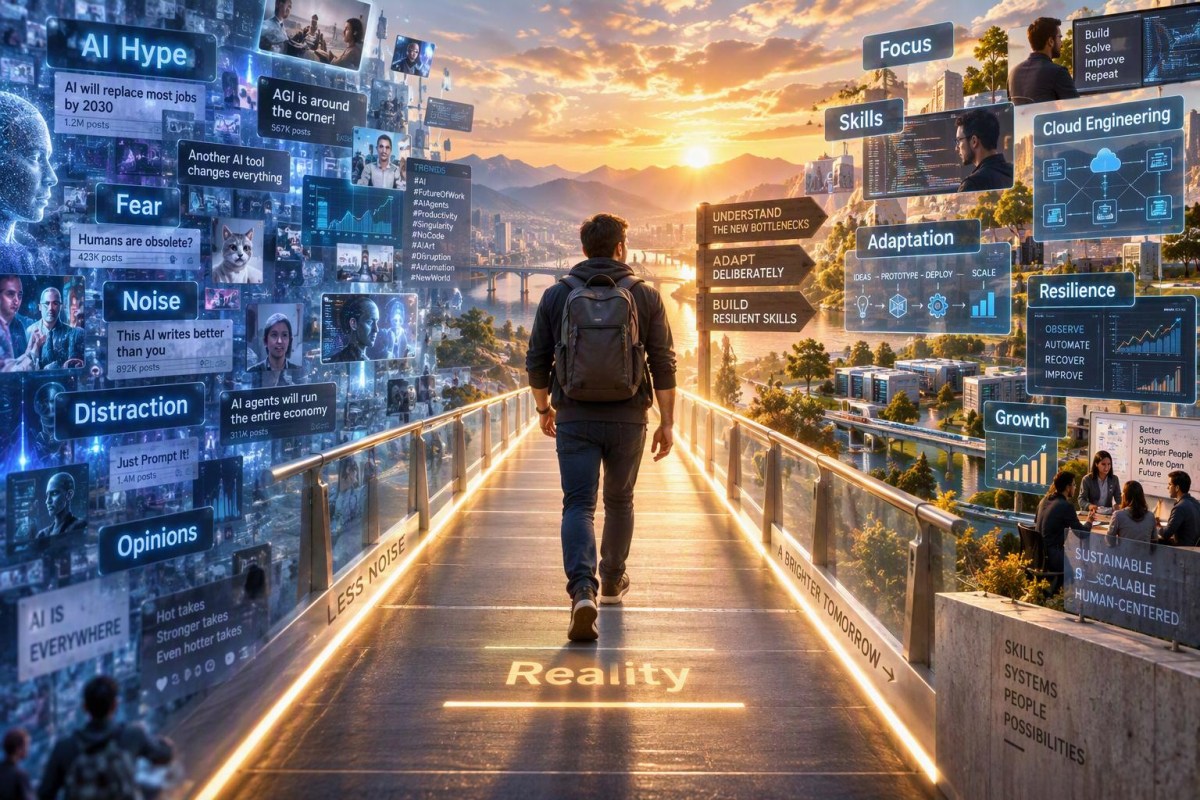 Software developer walking across an illuminated bridge from AI hype and information overload toward a practical cloud engineering landscape focused on skills, adaptation, resilience, and long-term value creation.