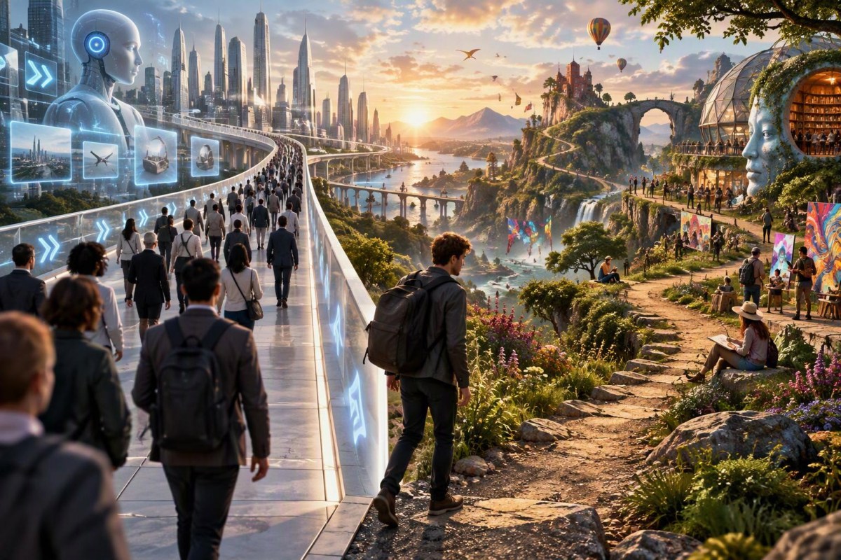 Cinematic split landscape showing two paths: on one side people follow an efficient AI-recommended route through a modern futuristic city, while on the other side a person explores a vibrant world of creativity, art, and unique experiences, illustrating the balance between optimization and exploration.